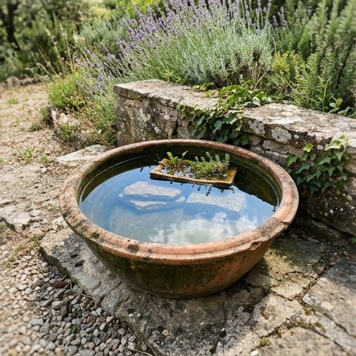 Vasca di terracotta smaltata posizionata al sole in giardino con bordo in pietra accanto a una siepe bassa