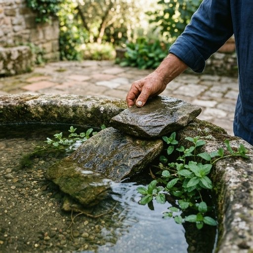 Mani che dispongono pietre piatte sul bordo di una vasca acquatica in giardino per creare una rampa d'uscita per le larve