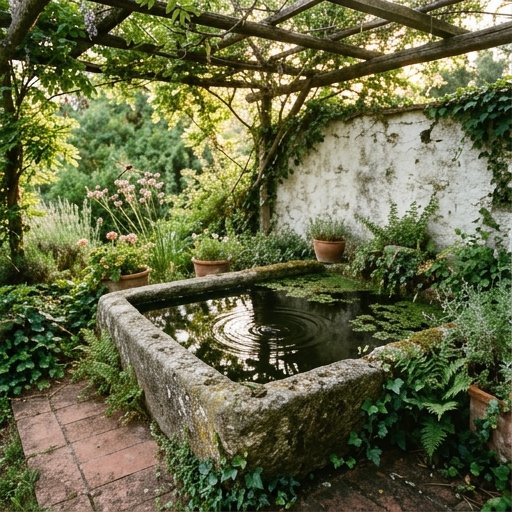 Rana verde e libellula adulta su vasca d'acqua in giardino con Butomus umbellatus in fiore al tramonto