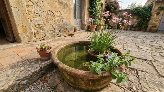 Vasca di terracotta con acqua ferma e piante acquatiche emergenti in un cortile italiano soleggiato
