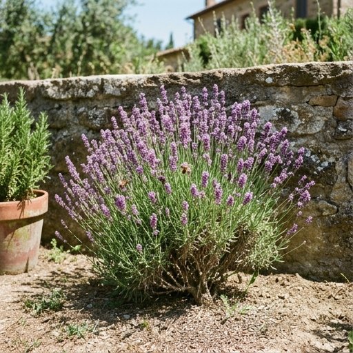 Aiuola di lavanda in piena fioritura e cisto bianco in un orto mediterraneo con bordo di ghiaia