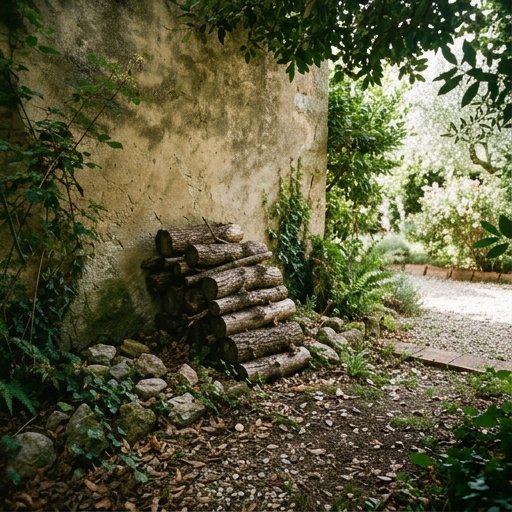 Catasta di tronchi grezzi e pietre piatte in un angolo semi-ombreggiato di giardino italiano con foglie secche a terra