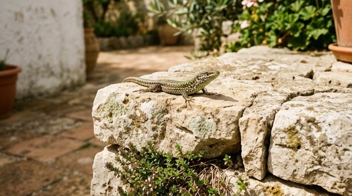 Lucertola muraiola su un muretto a secco in pietra calcarea in un giardino italiano soleggiato