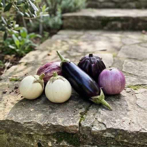Varietà di melanzane italiane di forme e colori diversi su una superficie rustica in pietra