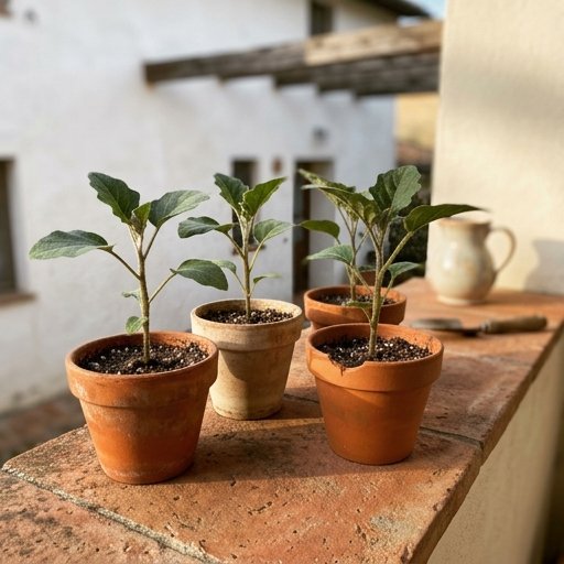 Piantine di melanzana in vasetti di terracotta pronte per il trapianto in orto