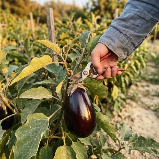 Mano che raccoglie una melanzana viola lucida dalla pianta con forbici da potatura