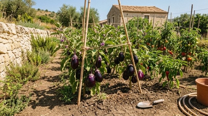 Piante di melanzana con frutti viola maturi in un orto del Sud Italia al sole estivo