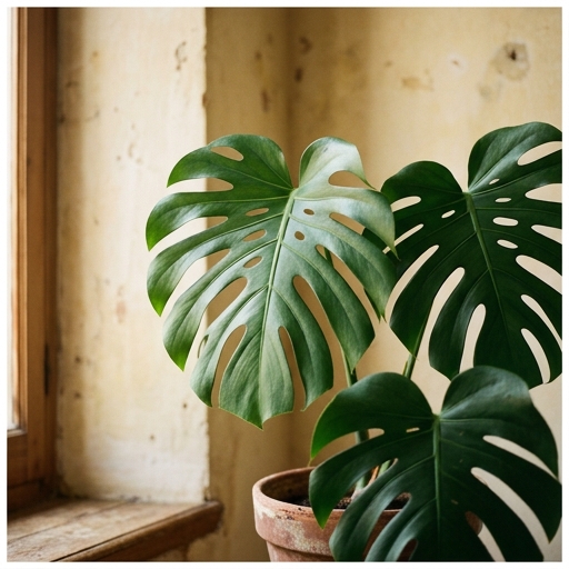 Foglie di monstera illuminate da luce indiretta vicino a una finestra di appartamento, senza sole diretto