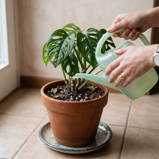 Mano che versa acqua a temperatura ambiente alla base di una monstera in vaso di terracotta con sottovaso