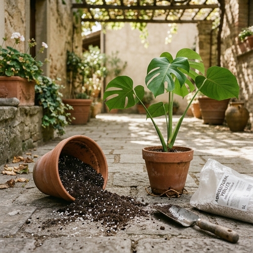 Vaso di terracotta con substrato drenante e perlite bianca accanto a una monstera pronta per il rinvaso