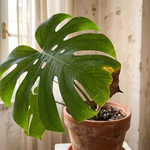 Foglia di monstera con punta secca e bruna e macchie gialle, segni di umidità dell'aria insufficiente