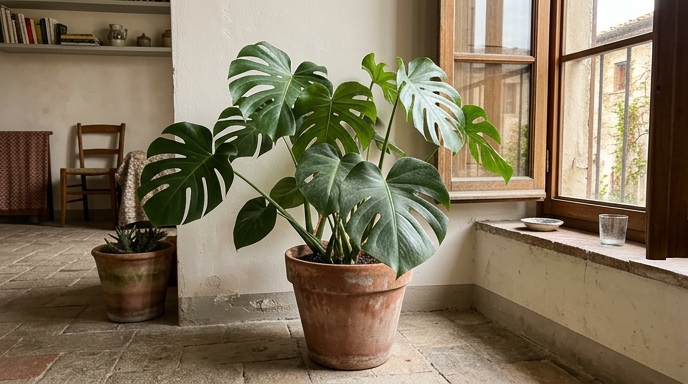 Monstera deliciosa in vaso di terracotta su davanzale di appartamento italiano con luce naturale filtrata