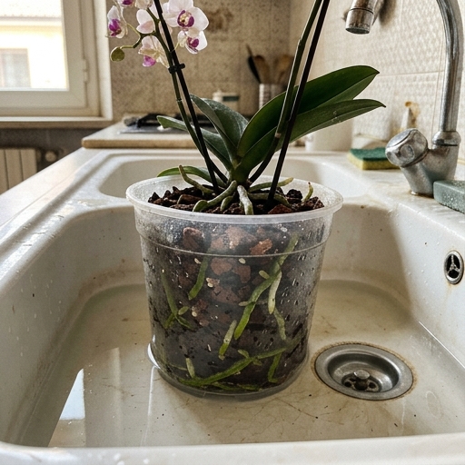 Vaso trasparente con orchidea immerso in acqua dentro un lavandino di ceramica bianca