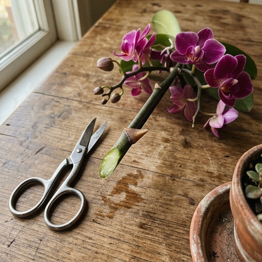 Stelo di orchidea tagliato appena sopra un nodo laterale con forbici da giardinaggio sul tavolo