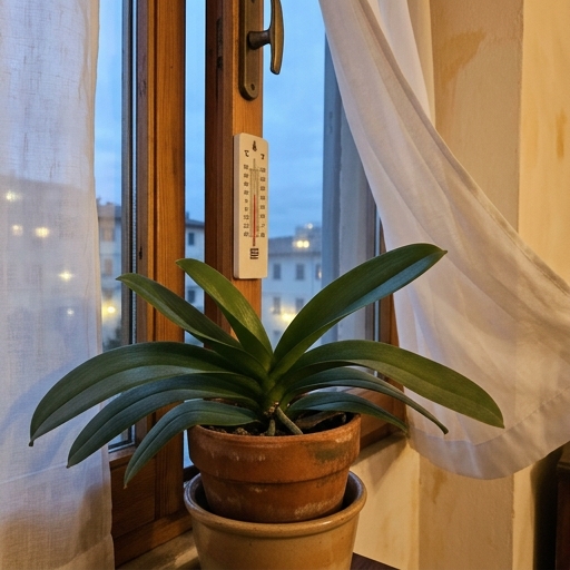 Orchidea senza fiori vicino a finestra aperta di sera con termometro che mostra 16 gradi
