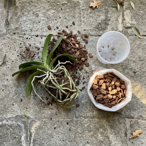 Orchidea in fase di rinvaso con radici esposte e corteccia di pino su superficie in pietra