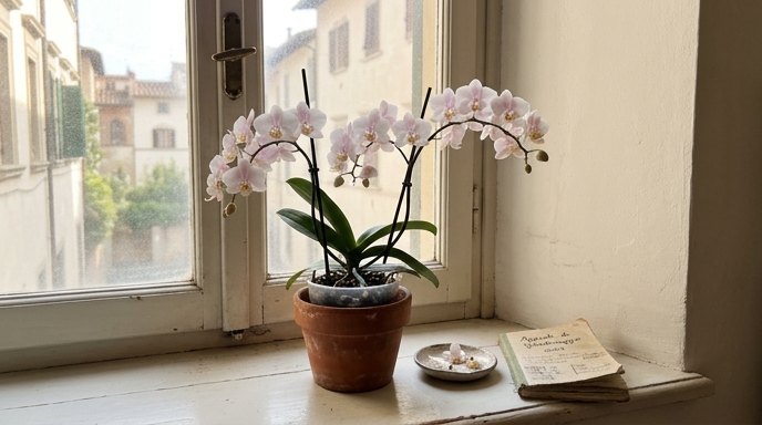 Orchidea Phalaenopsis bianca in vaso trasparente su davanzale con luce naturale diffusa