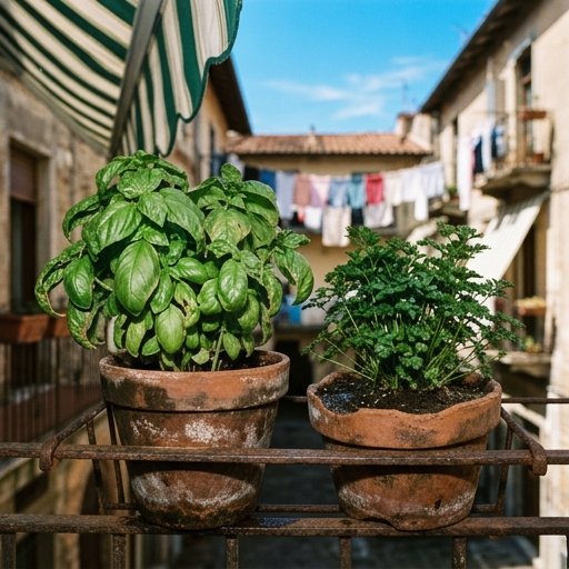 Vaso di basilico in terracotta con foglie grandi e lucide, accanto a pianta di prezzemolo, su balcone italiano