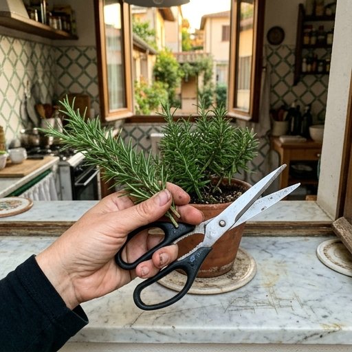 Mani che raccolgono foglie di rosmarino da vaso in cotto su davanzale soleggiato con forbici da cucina