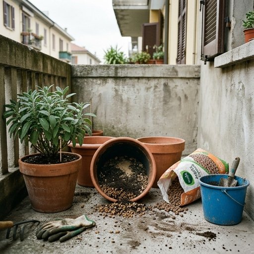 Vasi in cotto di diverse misure con argilla espansa sul fondo visibile, terriccio e sabbia silicea, balcone italiano