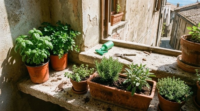 Fioriera con basilico, rosmarino, salvia e timo su davanzale soleggiato, vasi in terracotta invecchiata