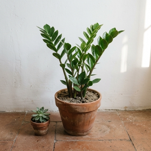 Zamioculcas zamiifolia in vaso di cotto su pavimento con altre piante in appartamento italiano