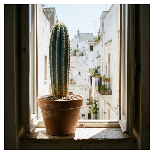 Cactus colonnare in vaso di terracotta su davanzale soleggiato di appartamento meridionale
