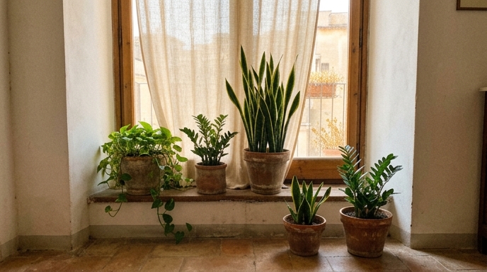 Vasi di terracotta con sansevieria e pothos su davanzale di appartamento italiano in estate
