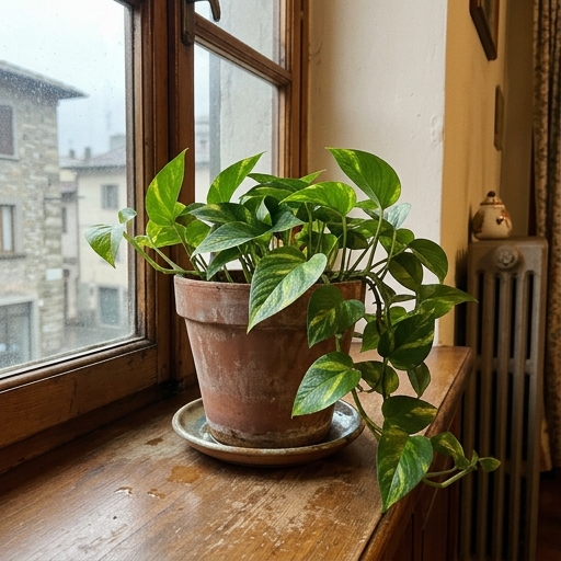 Pothos in vaso di terracotta su davanzale interno, foglie verdi variegate che cascano verso il basso in luce invernale diffusa