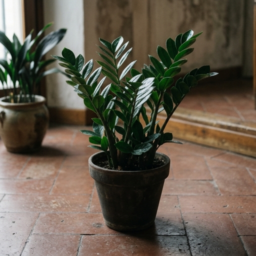 Zamioculcas con foglie verde scuro lucide in vaso di terracotta su pavimento di appartamento, luce invernale bassa