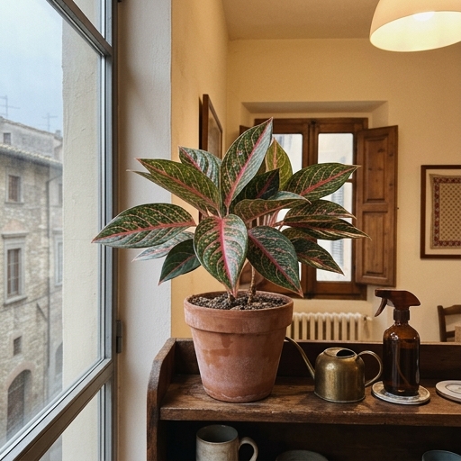 Aglaonema con foglie variegate rosa e verde in vaso su mensola di appartamento italiano in dicembre
