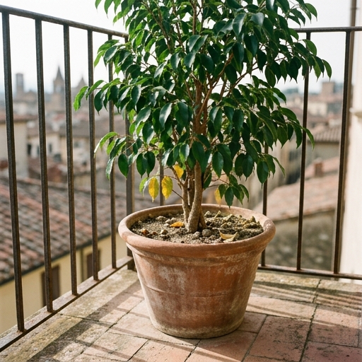 Ficus benjamina in vaso di terracotta posizionato vicino alla ringhiera di un balcone esposto a est