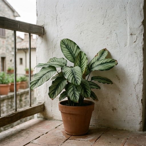 Calathea in vaso posizionata all'ombra del muro del balcone durante la fase di acclimatazione
