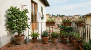 Vasi di terracotta con ficus e felci su un balcone italiano soleggiato in estate