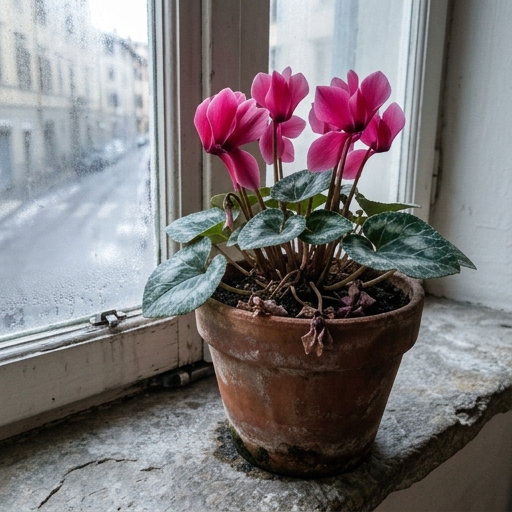 Ciclamino in vaso di terracotta su davanzale fresco con petali rosa rivolti all'insù e foglie marmorizzate