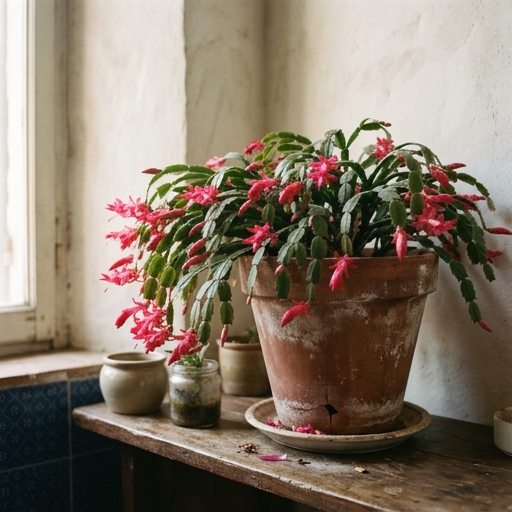 Cactus di Natale in vaso di terracotta con fiori tubolari rosso-rosa a cascata sul bordo del vaso