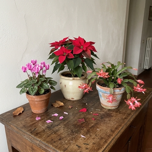Ciclamino, stella di Natale e cactus di Natale accostati in vasi separati su credenza dell'ingresso italiano