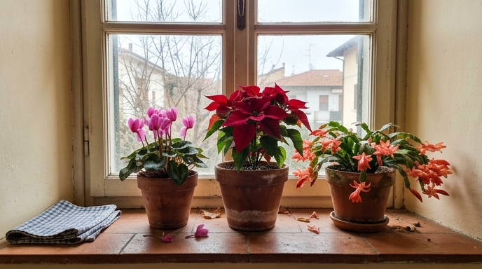 Ciclamino, stella di Natale e cactus di Natale in vasi di terracotta su davanzale invernale italiano