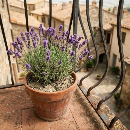 Vaso di lavanda in fiore su balcone italiano con ringhiera in ferro battuto