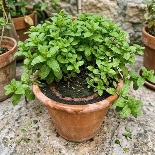 Menta in vaso sul terrazzo con foglie fresche e dense sotto luce solare diretta