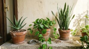 Vasi di terracotta con aloe vera, pothos e sansevieria su un davanzale soleggiato