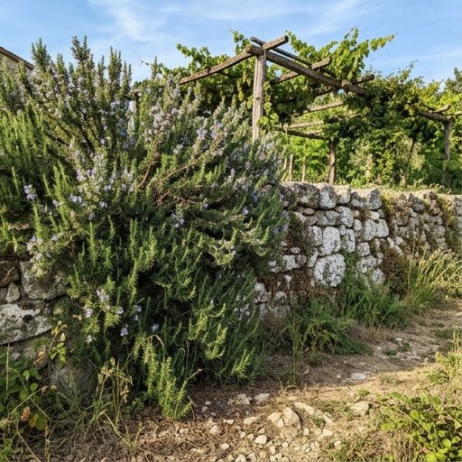Cespuglio di rosmarino rigoglioso che cresce su un muretto di pietra in un giardino italiano esposto a pieno sole