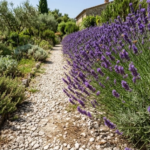 Filare di lavanda in piena fioritura lungo un vialetto di ghiaia in un giardino italiano soleggiato