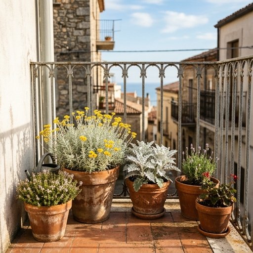 Vasi con timo, elicriso e cineraria marittima su un balcone soleggiato con ringhiera in ferro arrugginito