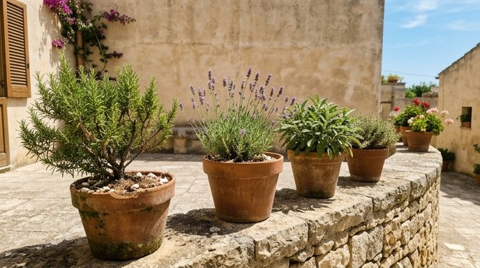 Vasi di terracotta con rosmarino, lavanda e salvia disposti su un muretto di pietra in un cortile mediterraneo soleggiato
