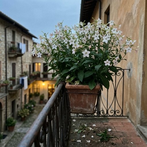 Nicotiana alata in fioriera su terrazzo italiano, fiori bianchi semiaperti alla luce serale