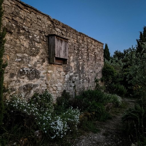Cassetta-rifugio per pipistrelli in legno su muro di pietra in giardino italiano con silene bianca alla base