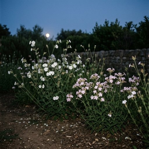 Gruppo di silene bianca e saponaria lungo il bordo di un orto italiano alla luce serale
