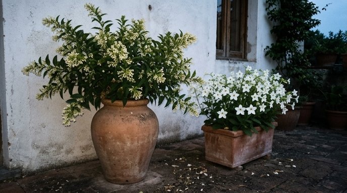 Cortile italiano al crepuscolo con gelsomina notturna in vaso di terracotta e fiori crema appena aperti