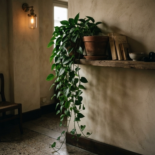 Pothos con foglie a cuore verde che ricade da una mensola in legno in un appartamento poco illuminato